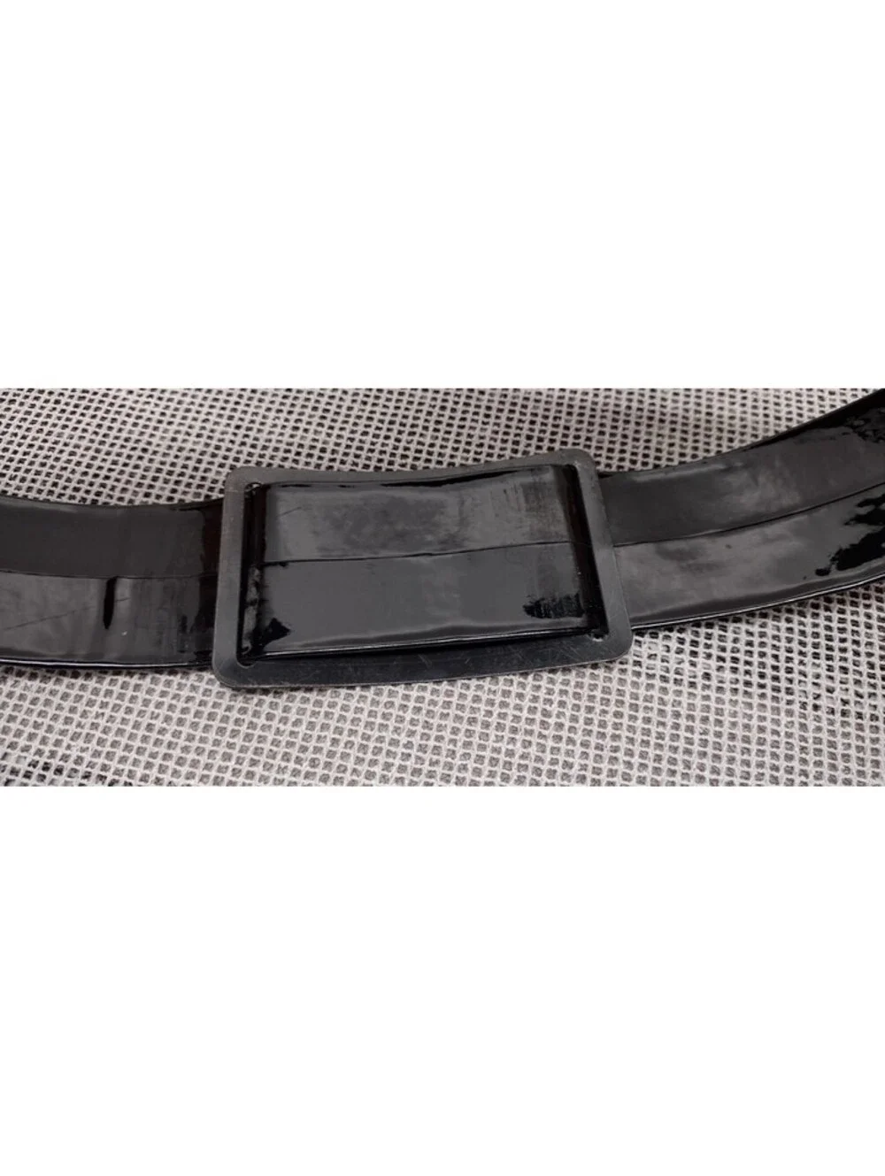 Black Patent Leather Belt Cinch Waist 28 Mod Pleather Vinyl Copper Wide Buckle